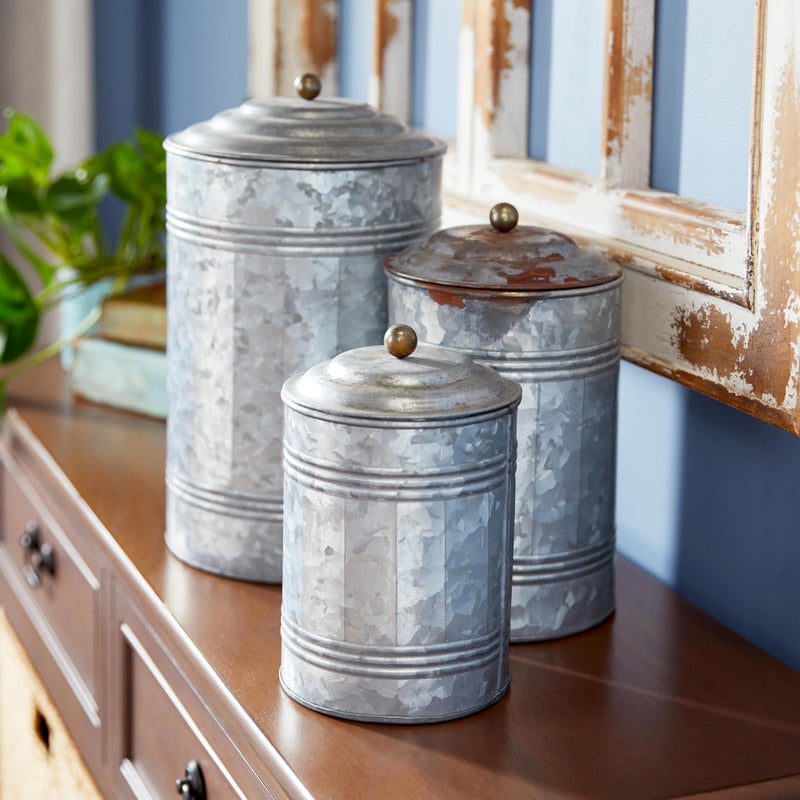 Deco 79 Metal Living Room Decorative Jars Galvanized Ribbed Decorative Container with Gold Ball Knobs, Set of 3 Jar with Lid 12", 9", 8"H, Gray - Image 3